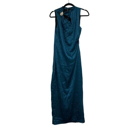 Zara Womens Midi Dress Small S Green Gold Applique Satin Wrinkle 2774/898 NWT - Picture 2 of 16